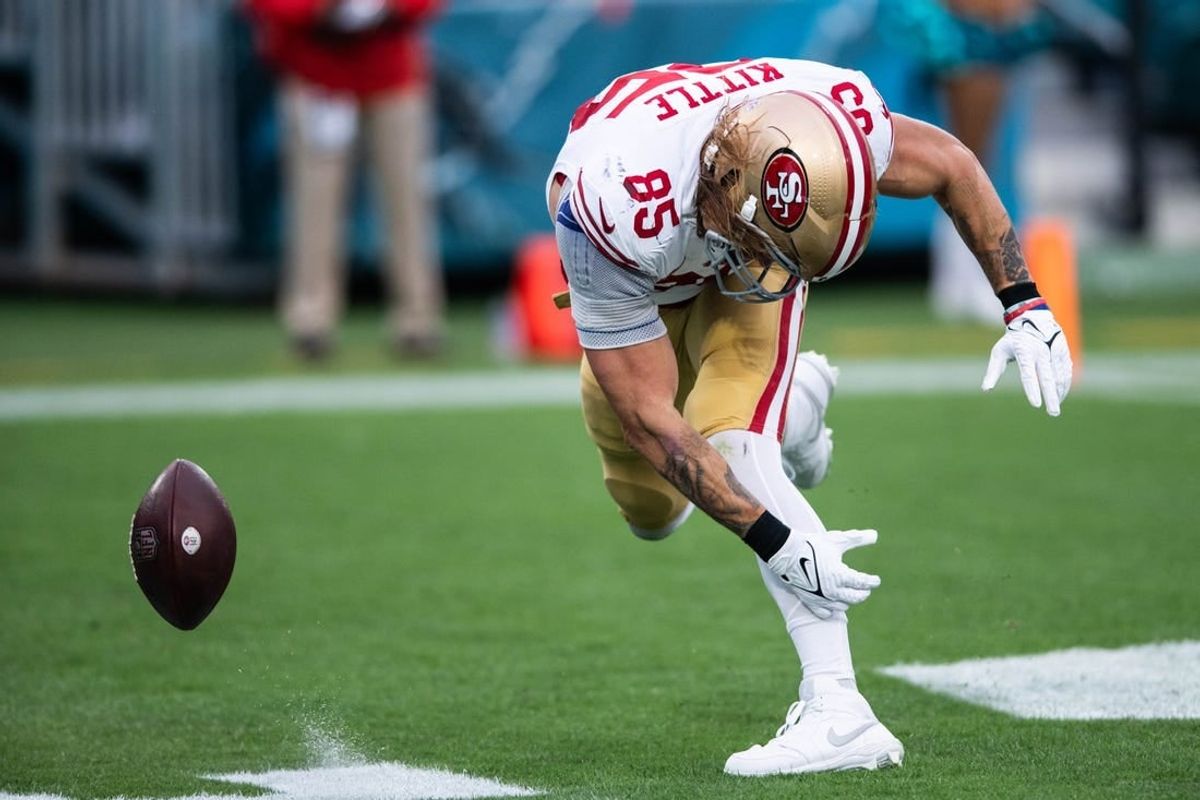 Nov 12, 2023; Jacksonville, Florida, USA; San Fransisco 49ers tight end George Kittle (85) spikes the ball after a touchdown against the Jacksonville Jaguars in the third quarter at EverBank Stadium.