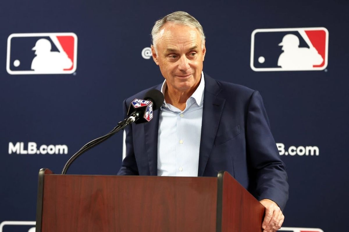 Feb 15, 2024; Tampa, FL, USA; MLB commissioner Rob Manfred talks with media at George M. Steinbrenner Field.