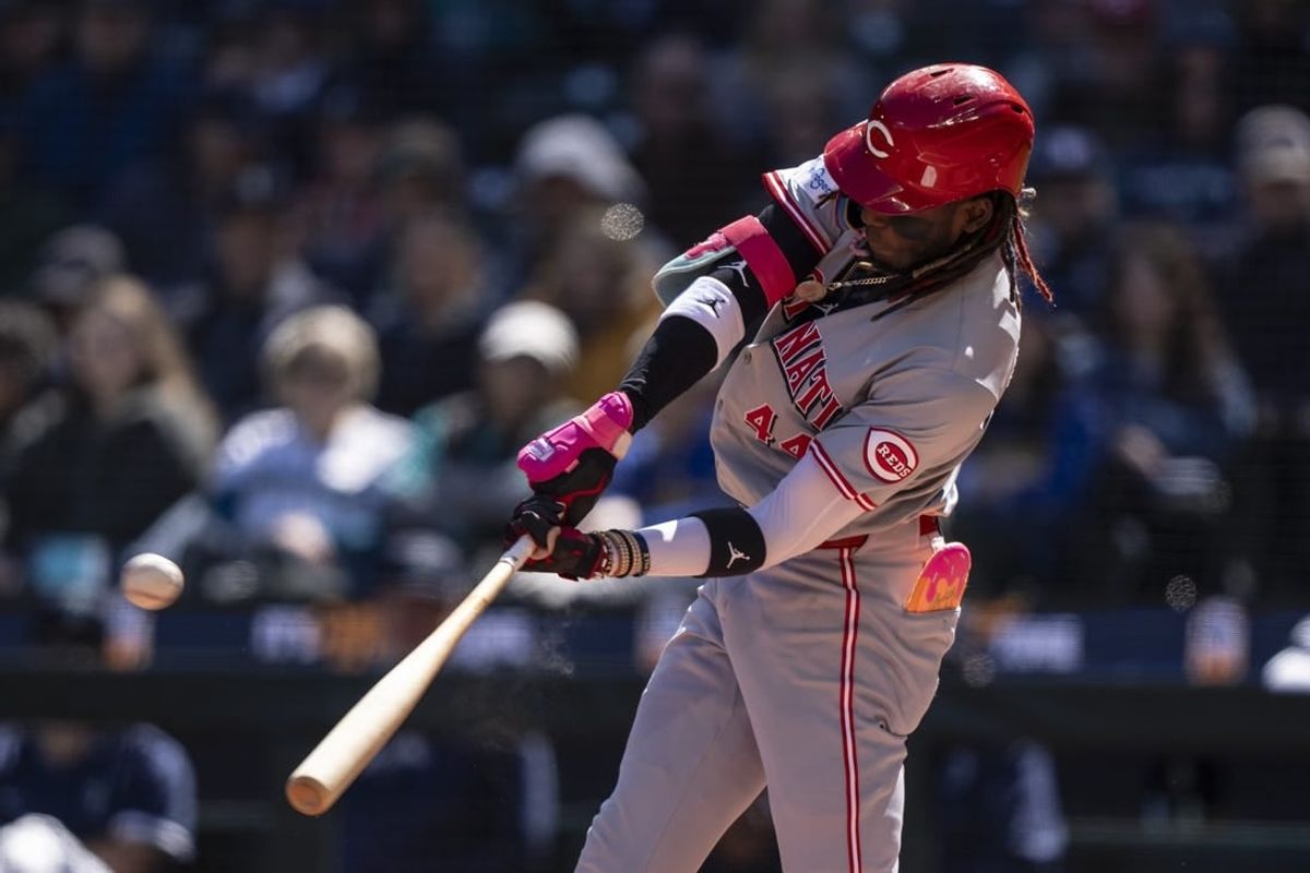 Apr 17, 2024; Seattle, Washington, USA; Cincinnati Reds shortstop Elly De La Cruz  (44) hits a solo home run against the Seattle Mariners during the second inning at T-Mobile Park.