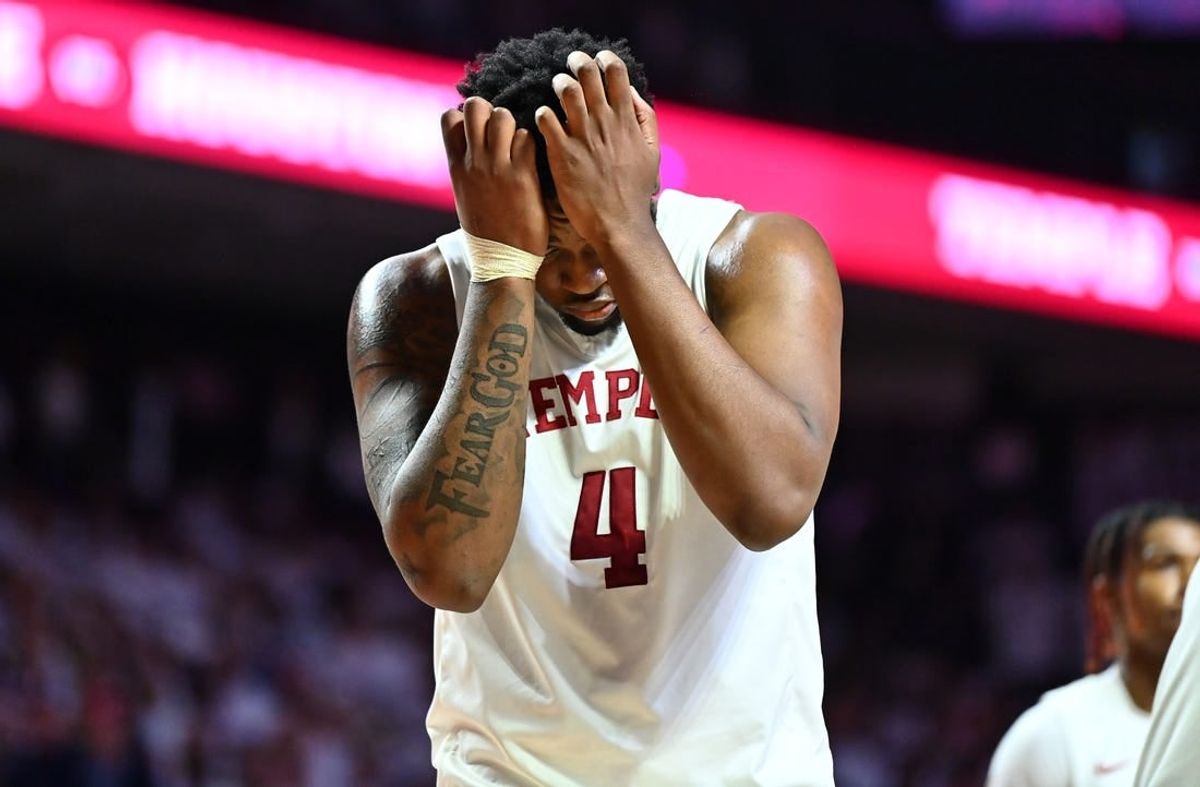 Feb 5, 2023; Philadelphia, Pennsylvania, USA; Temple Owls forward Jamille Reynolds (4) reacts against the Houston Cougars in the second half at The Liacouras Center.