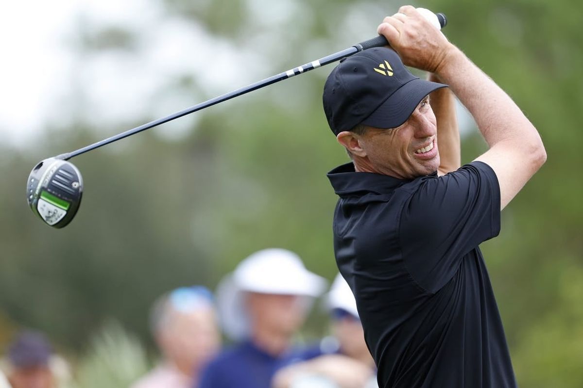 Dec 8, 2023; Bradenton, Florida, USA; Team International s Steven Alker hits a shot on the seventh tee in their afternoon round at The Concession Golf Club.