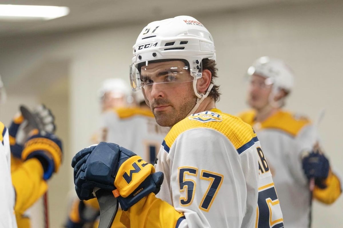 Feb 24, 2024; San Jose, California, USA; Nashville Predators defenseman Dante Fabbro (57) before the start of the first period against the San Jose Sharks at SAP Center at San Jose.