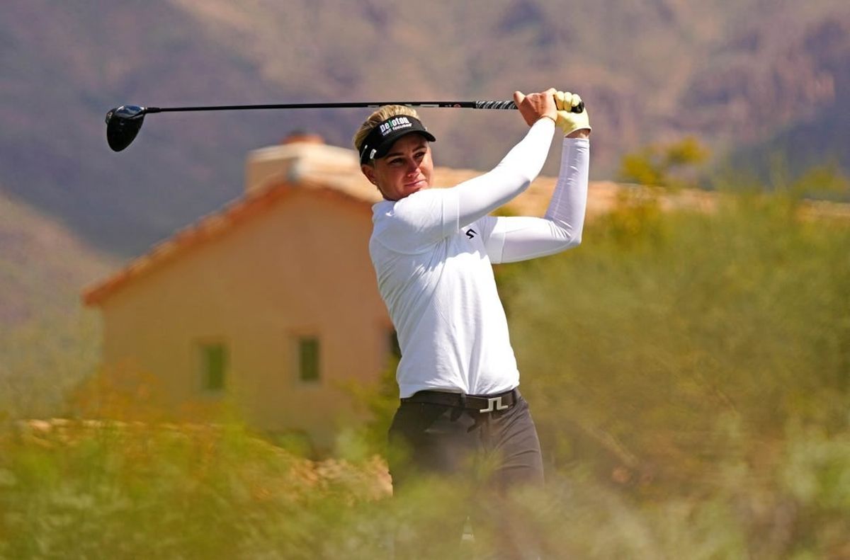 March 24, 2023; Gold Canyon AZ; USA; Emily Kristine Pedersen tees off during the second round of the LPGA Drive On Championship at Superstition Mountain Golf & Country Club.