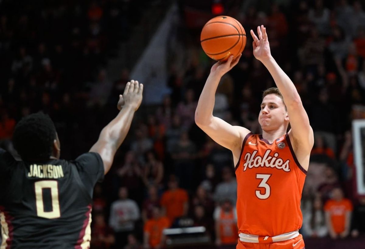 Mar 4, 2023; Blacksburg, Virginia, USA; Virginia Tech Hokies guard Sean Pedulla (3) shoots over Florida State Seminoles guard Chandler Jackson (0) at Cassell Coliseum.
