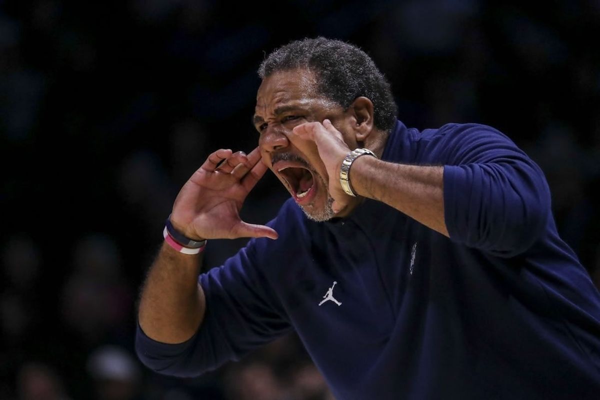 Jan 19, 2024; Cincinnati, Ohio, USA; Georgetown Hoyas head coach Ed Cooley yells to his team during the second half against the Xavier Musketeers at Cintas Center.