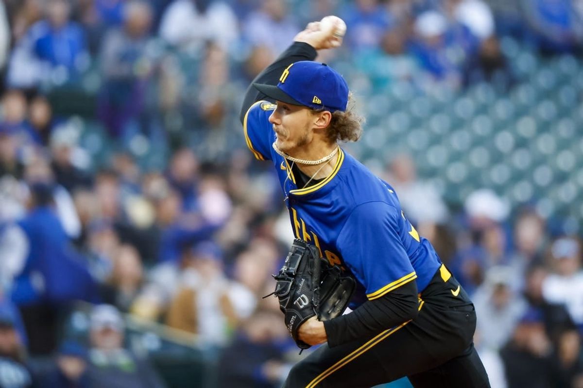 Apr 12, 2024; Seattle, Washington, USA; Seattle Mariners starting pitcher Bryce Miller (50) throws against the Chicago Cubs during the first inning at T-Mobile Park.