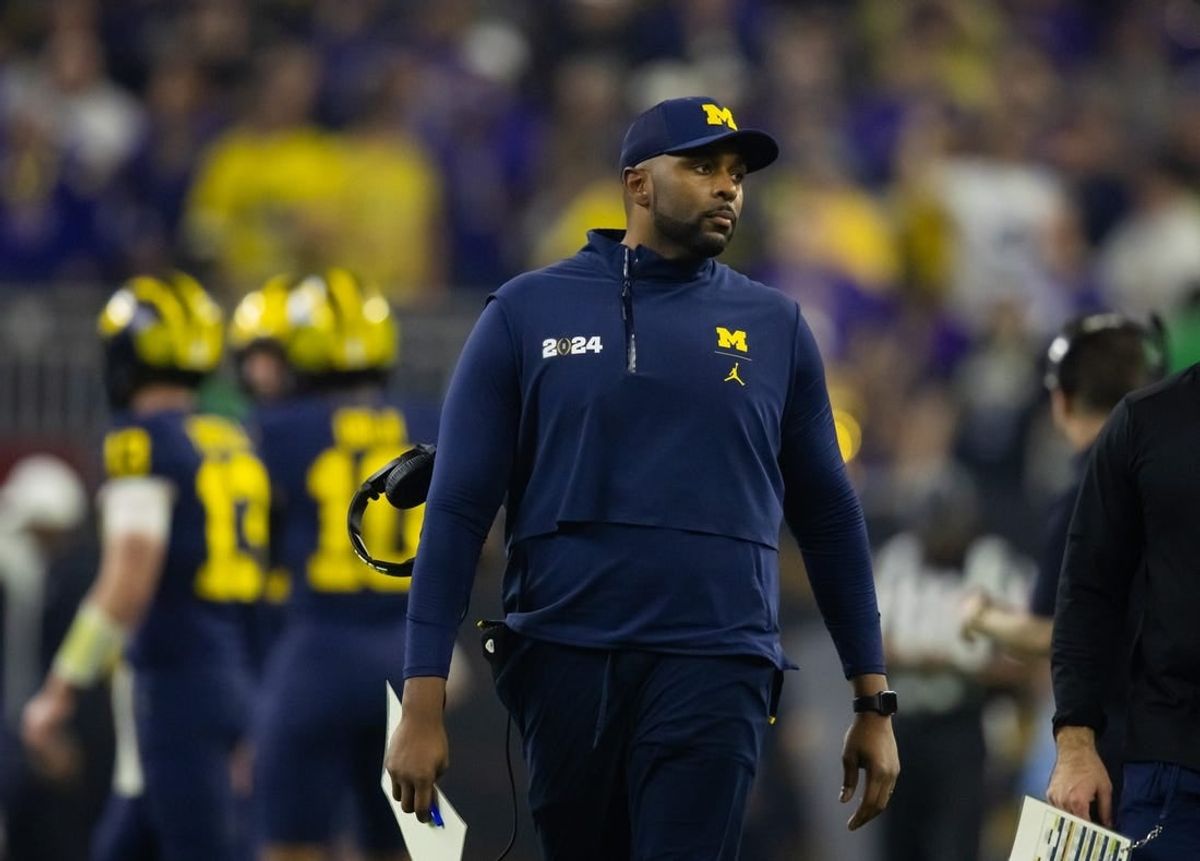 Jan 8, 2024; Houston, TX, USA; Michigan Wolverines offensive coordinator Sherrone Moore against the Washington Huskies during the 2024 College Football Playoff national championship game at NRG Stadium.