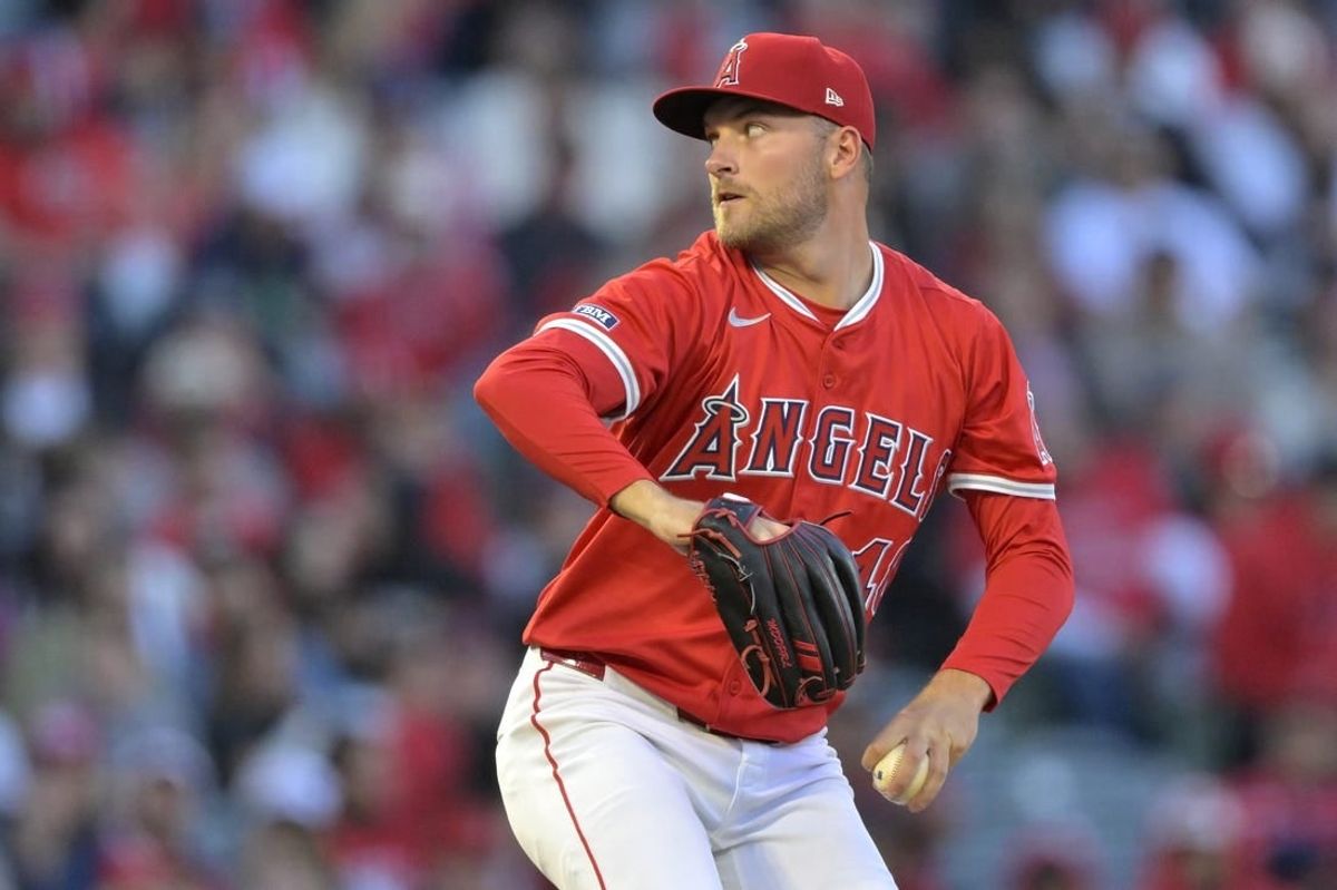 Apr 6, 2024; Anaheim, California, USA; Los Angeles Angels pitcher Reid Detmers (48) delivers in the second inning against the Boston Red Sox at Angel Stadium.