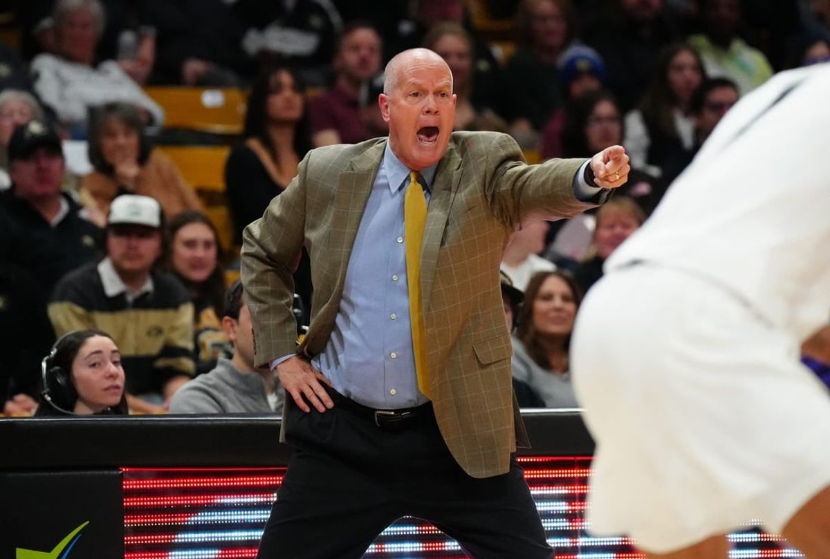 Dec 29, 2023; Boulder, Colorado, USA; Colorado Buffaloes head coach Tad Boyle calls out in the first half against the Washington Huskies at the CU Events Center.