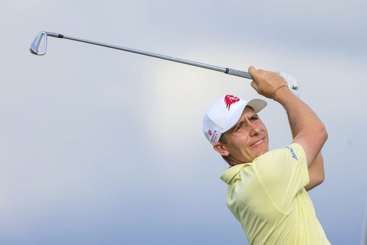 Oct 20, 2023; Doral, Florida, USA; Carlos Ortiz plays his shot from the fourth tee during the first round of the LIV Golf Miami golf tournament at Trump National Doral.