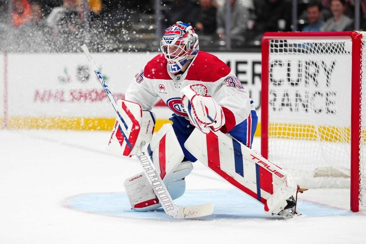 Nov 22, 2023; Anaheim, California, USA; Montreal Canadiens goaltender Sam Montembeault (35) defends the goal against the Anaheim Ducks in the second period at Honda Center.