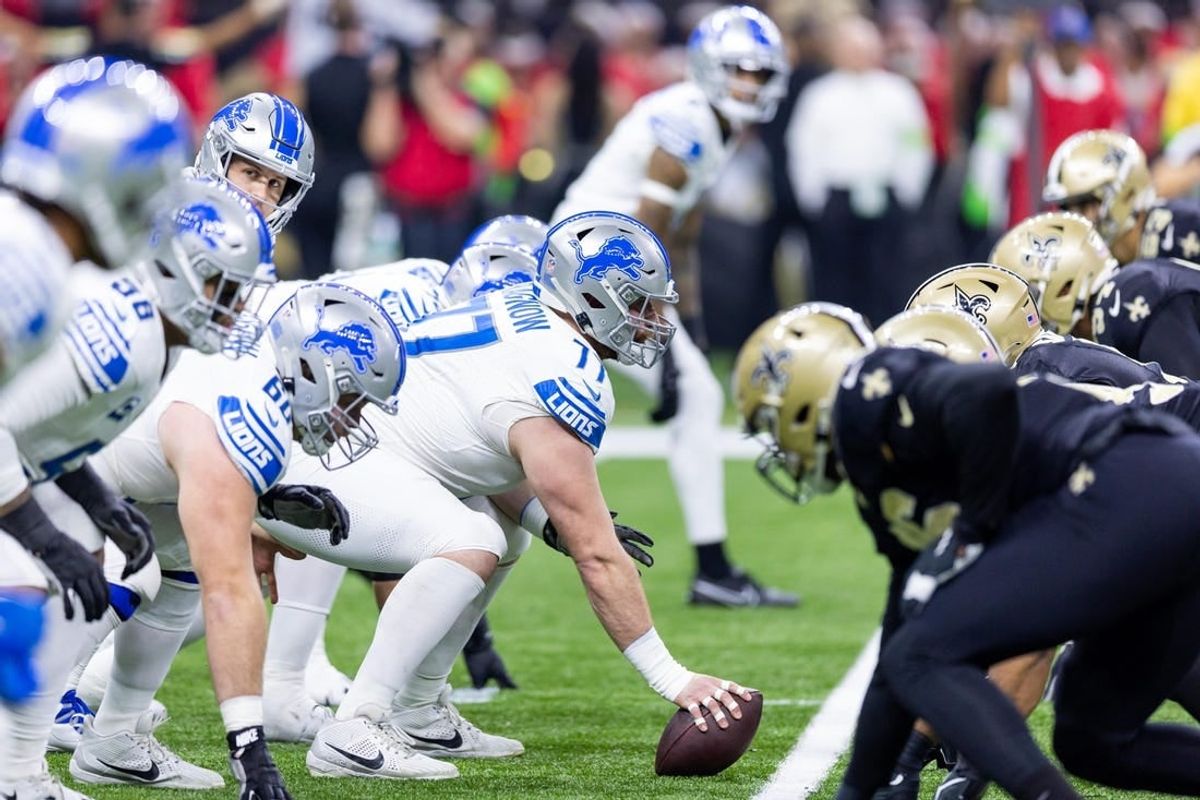 Dec 3, 2023; New Orleans, Louisiana, USA; Detroit Lions center Frank Ragnow (77) lines up against the New Orleans Saints during the first half at Caesars Superdome.