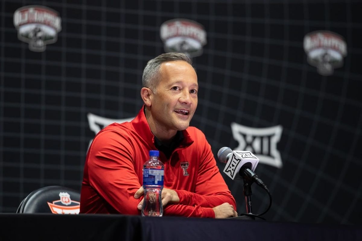 Oct 18, Kansas City, MO, USA; Texas Tech head coach Grant McCasland answers questions at the Big 12 Men s Basketball Tipoff at T-Mobile Center.