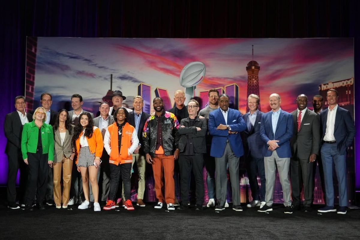 Feb 6, 2024; Las Vegas, NV, USA; The CBS Sports on-air broadcast team including Sean McManus, David Berson, Jim Nantz, Tony Romo, Tracy Wolfson, Evan Washburn, Jay Feely, Gene Steratore, Nate Burleson, Dylan Gilmer (Young Dylan), JJ Watt, Bill Cowher, Jonathan Jones, James Brown, Phil Simms and Boomer Esiason pose at press conference at the Super Bowl 58 Media Center at the Mandalay Bay Resort and Casino.
