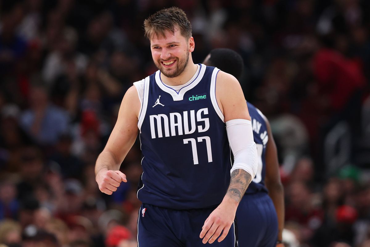 CHICAGO, ILLINOIS - MARCH 11: Luka Doncic #77 of the Dallas Mavericks reacts against the Chicago Bulls during the second half at the United Center on March 11, 2024 in Chicago, Illinois. NOTE TO USER: User expressly acknowledges and agrees that, by downloading and or using this photograph, User is consenting to the terms and conditions of the Getty Images License Agreement.  (Photo by Michael Reaves/Getty Images)