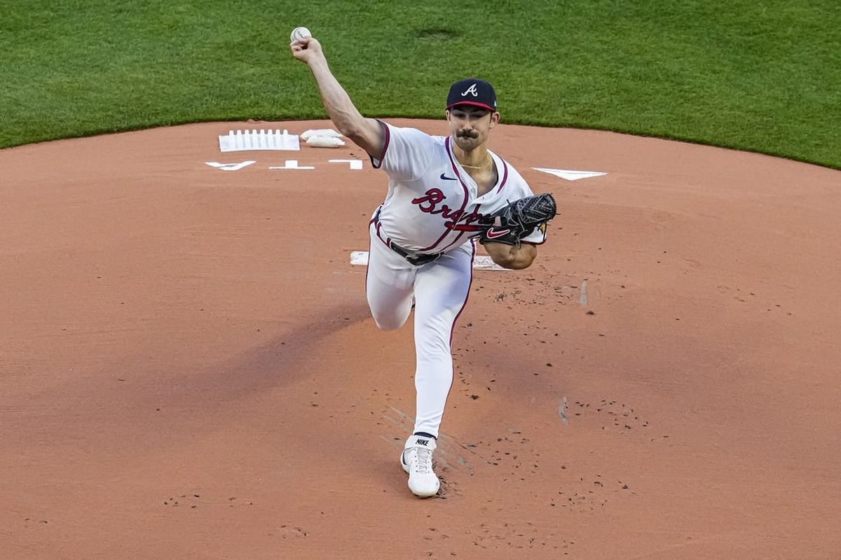 Apr 5, 2024; Cumberland, Georgia, USA; Atlanta Braves pitcher Spencer Strider (99) pitches against the Arizona Diamondbacks during the first inning at Truist Park.