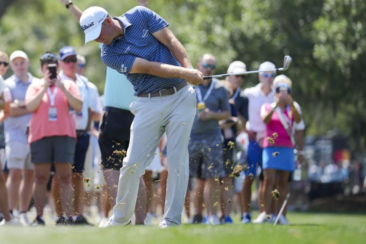 Apr 19, 2024; Hilton Head, South Carolina, USA; Tom Hoge plays his shot from the rough on the 16th fairway during the second round of the RBC Heritage golf tournament.