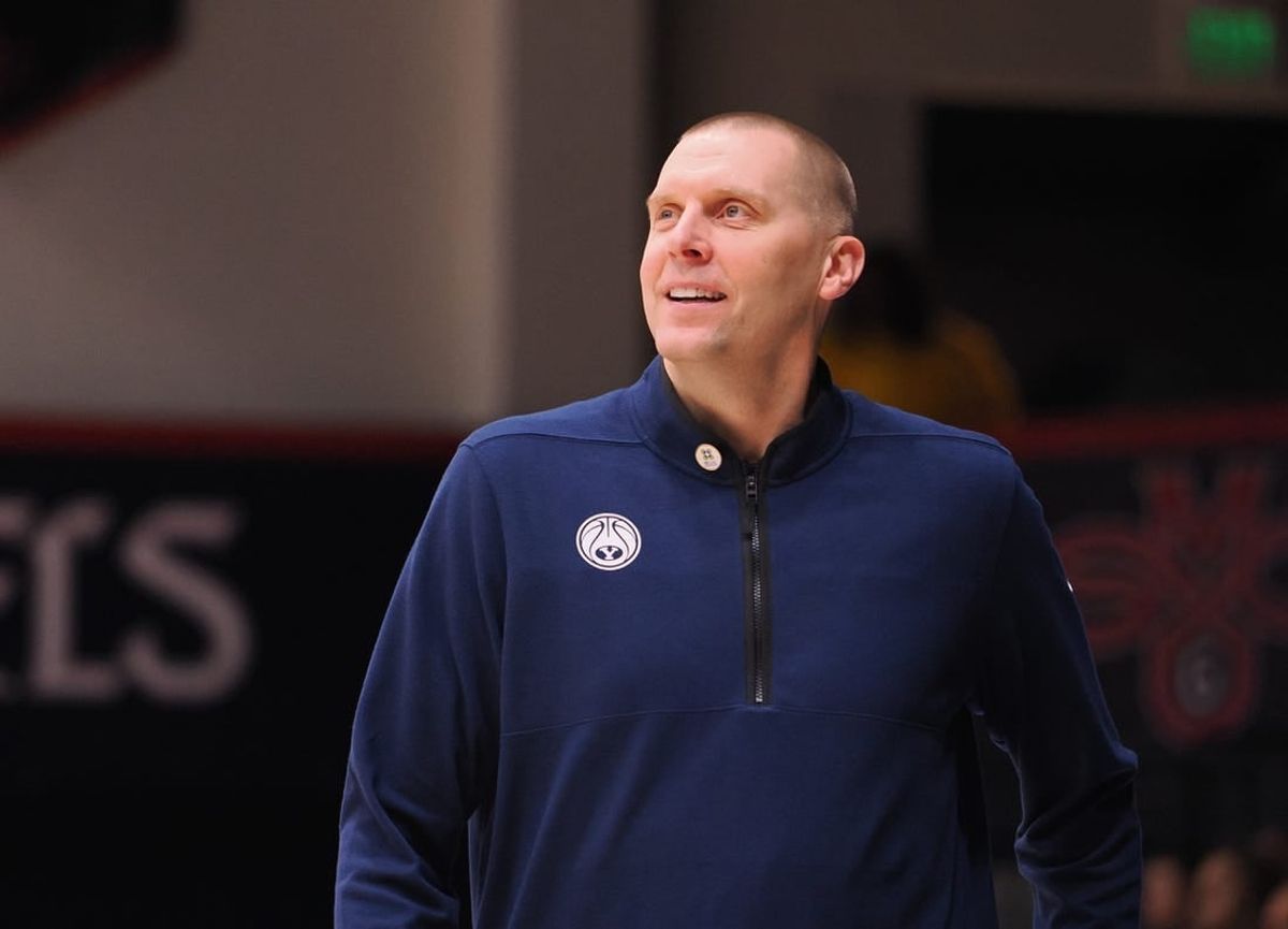 Feb 18, 2023; Moraga, California, USA; BYU Cougars head coach Mark Pope looks on from the sideline during the second half against the St. Mary's Gaels at University Credit Union Pavilion.