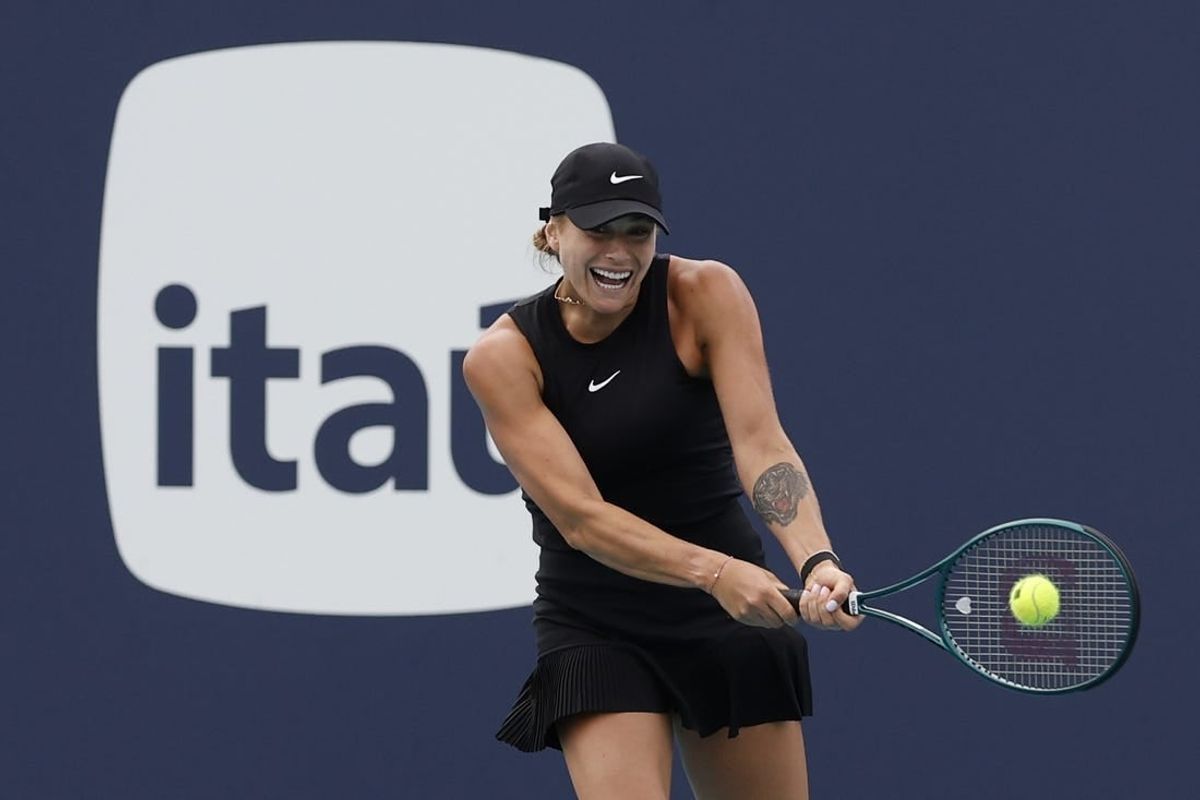 Mar 22, 2024; Miami Gardens, FL, USA; Aryna Sabalenka hits a backhand against Paula Badosa (ESP) (not pictured) on day five of the Miami Open at Hard Rock Stadium.