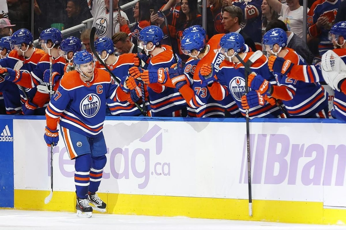 Nov 28, 2023; Edmonton, Alberta, CAN; Edmonton Oilers forward Connor McDavid (97) celebrates after scoring a goal during the second period against the Vegas Golden Knights at Rogers Place.