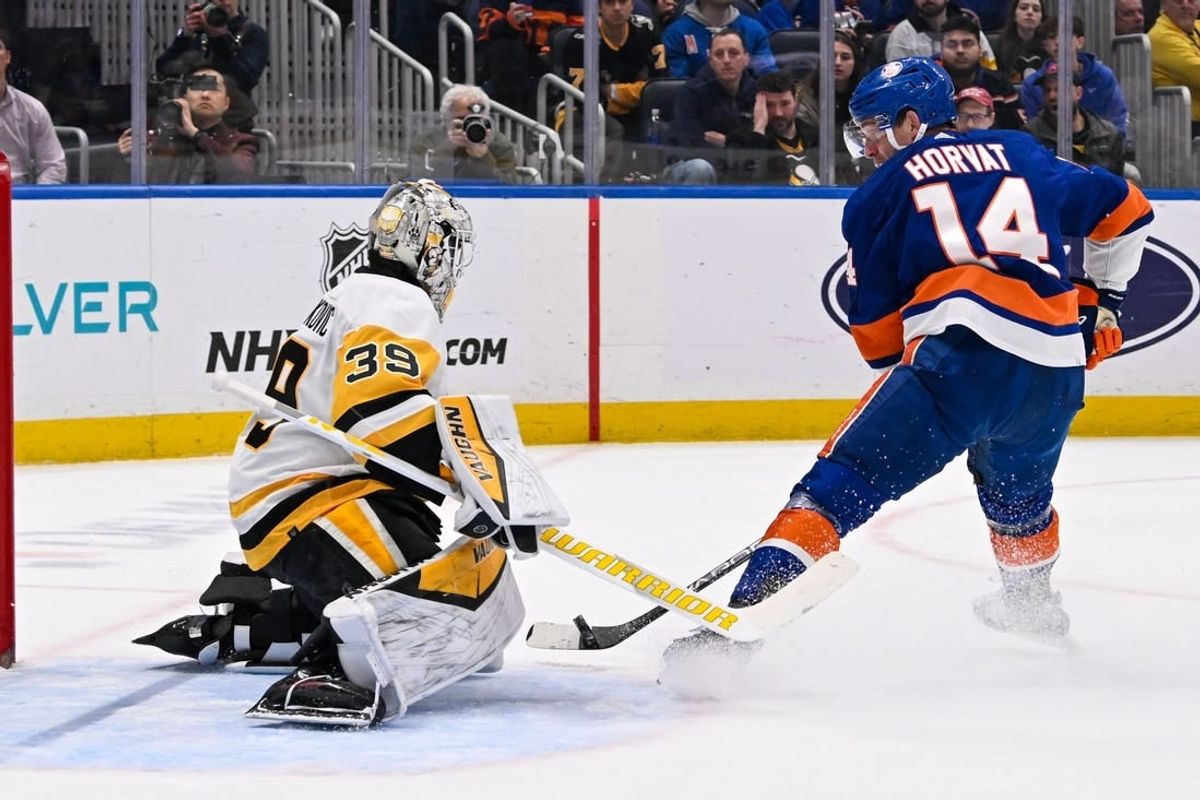 Apr 17, 2024; Elmont, New York, USA;  Pittsburgh Penguins goaltender Alex Nedeljkovic (39) makes a save on New York Islanders center Bo Horvat (14) during the second period at UBS Arena.