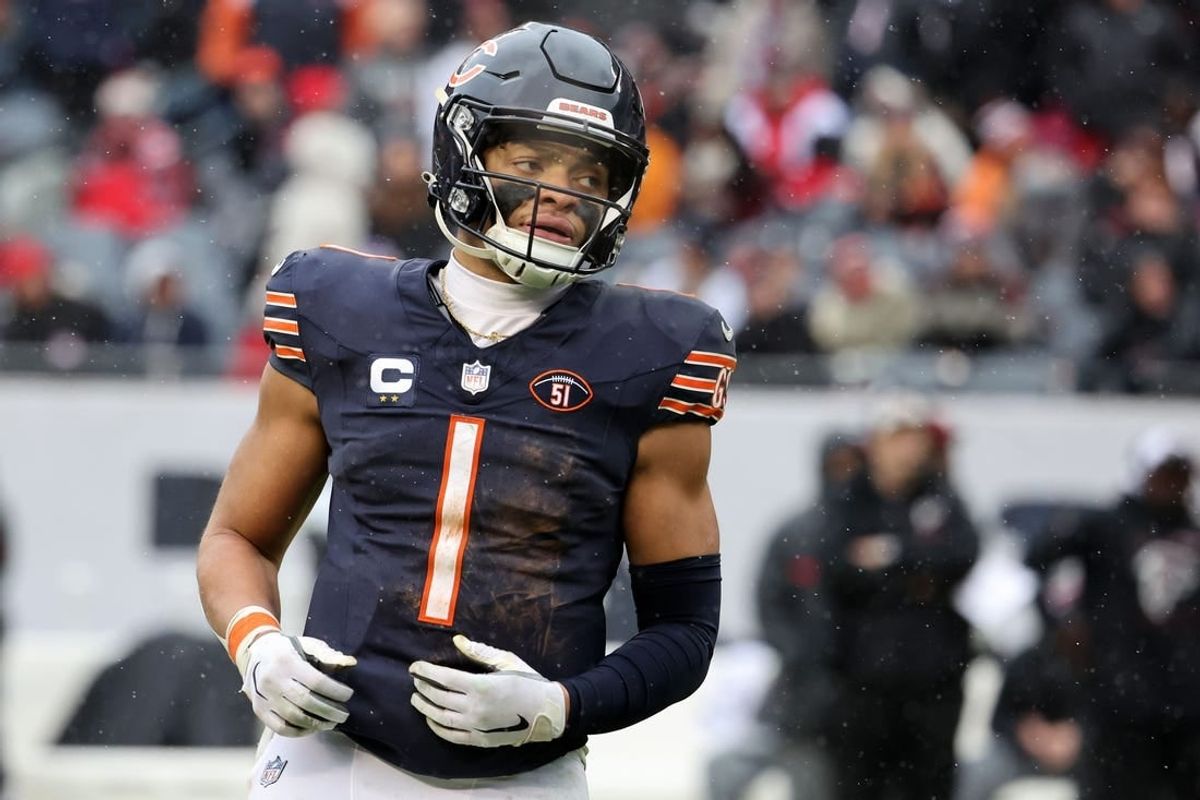 Dec 31, 2023; Chicago, Illinois, USA; Chicago Bears quarterback Justin Fields (1) during the second half against the Atlanta Falcons at Soldier Field.