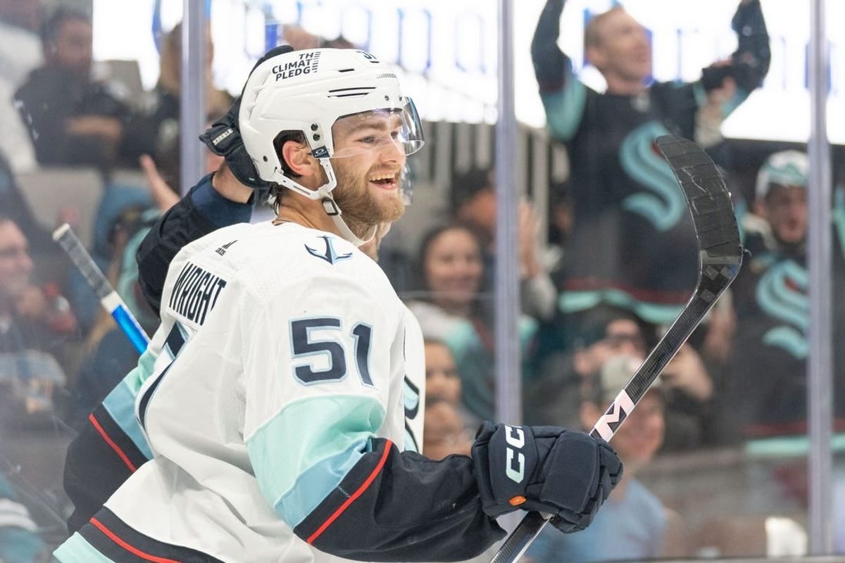 Apr 1, 2024; San Jose, California, USA;  Seattle Kraken center Shane Wright (51) reacts after scoring a goal during the first period against the San Jose Sharks at SAP Center at San Jose.