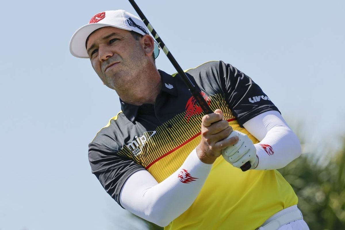 Apr 6, 2024; Miami, Florida, USA; Sergio Garcia of the Fireballs plays his shot from the eighth tee during the second round of LIV Golf Miami golf tournament at Trump National Doral.