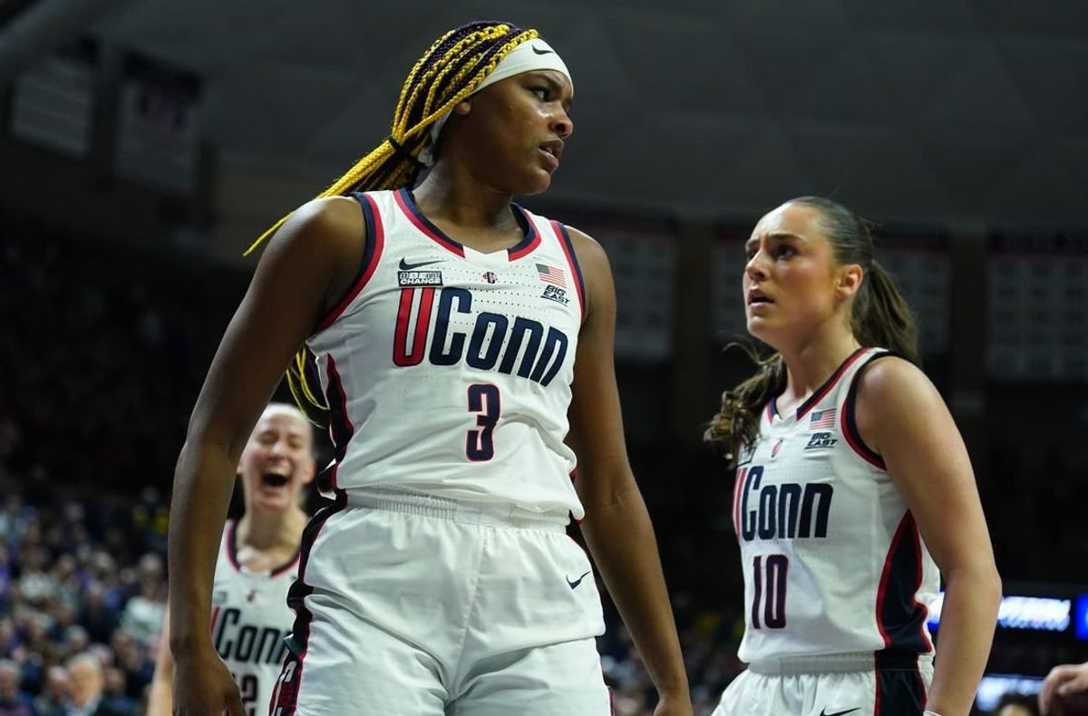 Feb 16, 2024; Storrs, Connecticut, USA; UConn Huskies forward Aaliyah Edwards (3) reacts after blocking a shot from the Georgetown Hoyas in the first half at Harry A. Gampel Pavilion.