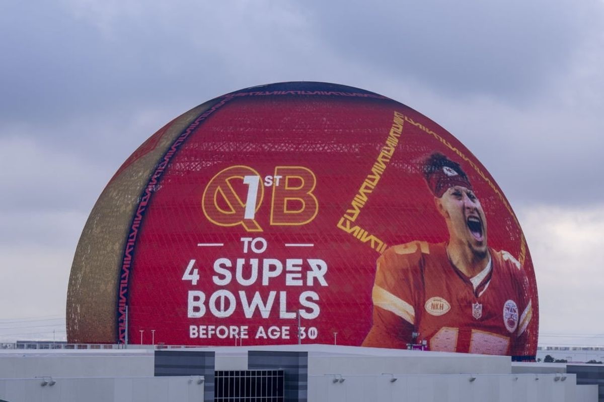 February 6, 2024; Las Vegas, NV, USA;  Kansas City Chiefs quarterback Patrick Mahomes is displayed on Super Bowl LVIII signage on The Sphere.