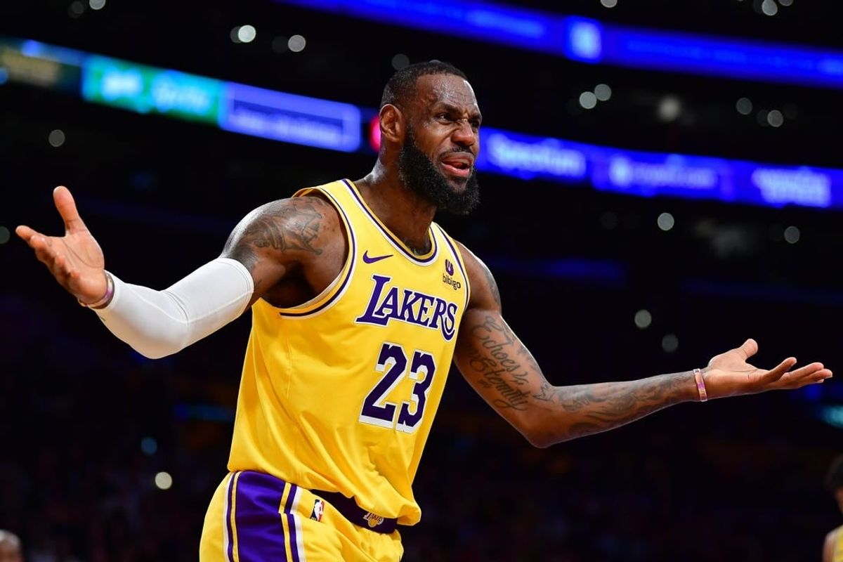 Jan 3, 2024; Los Angeles, California, USA; Los Angeles Lakers forward LeBron James (23) reacts to a call against him during the first half at Crypto.com Arena.