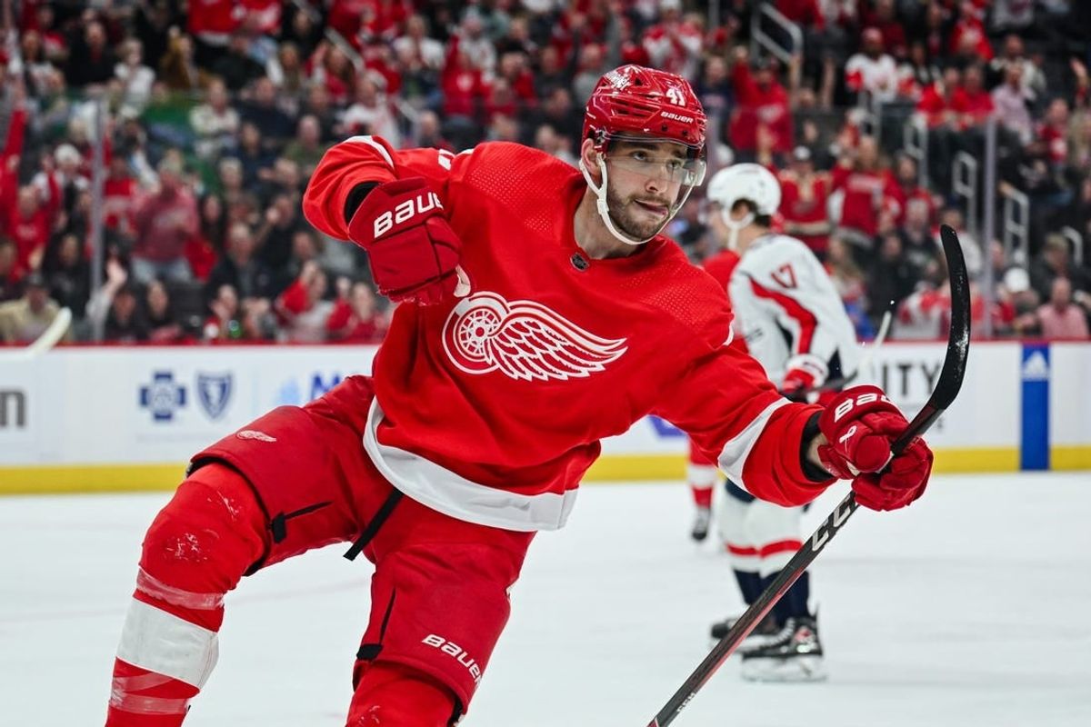 Feb 27, 2024; Detroit, Michigan, USA; Detroit Red Wings defenseman Shayne Gostisbehere (41) celebrates his goal during the second period against the Washington Capitals at Little Caesars Arena.