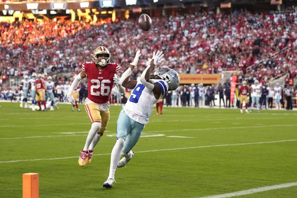 Oct 8, 2023; Santa Clara, California, USA; Dallas Cowboys wide receiver KaVontae Turpin (9) catches a touchdown pass against San Francisco 49ers cornerback Isaiah Oliver (26) during the second quarter at Levi's Stadium.