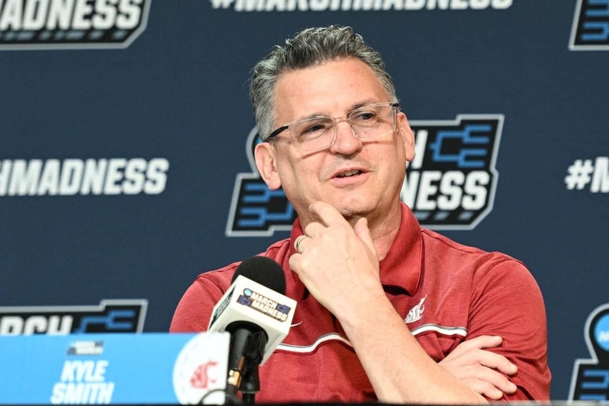 Mar 20, 2024; Omaha, NE, USA;  Washington State Cougars head coach Kyle Smith talks with the media during the NCAA first round practice session at CHI Health Center Omaha.