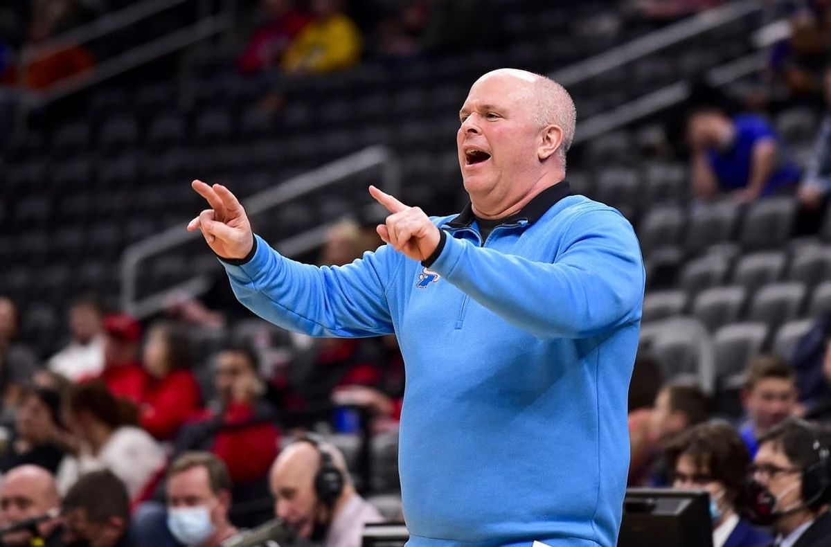 Mar 3, 2022; St. Louis, MO, USA;  Indiana State Sycamores head coach Josh Schertz reacts to a call against the Illinois State Redbirds during the second half of the Missouri Valley Conference Tournament at Enterprise Center.