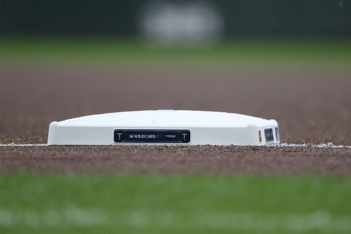 Oct 3, 2023; Minneapolis, Minnesota, USA; General view of the MLB wildcard logo displayed on a base before the game between the Minnesota Twins and the Toronto Blue Jays during game one of the Wildcard series for the 2023 MLB playoffs at Target Field.