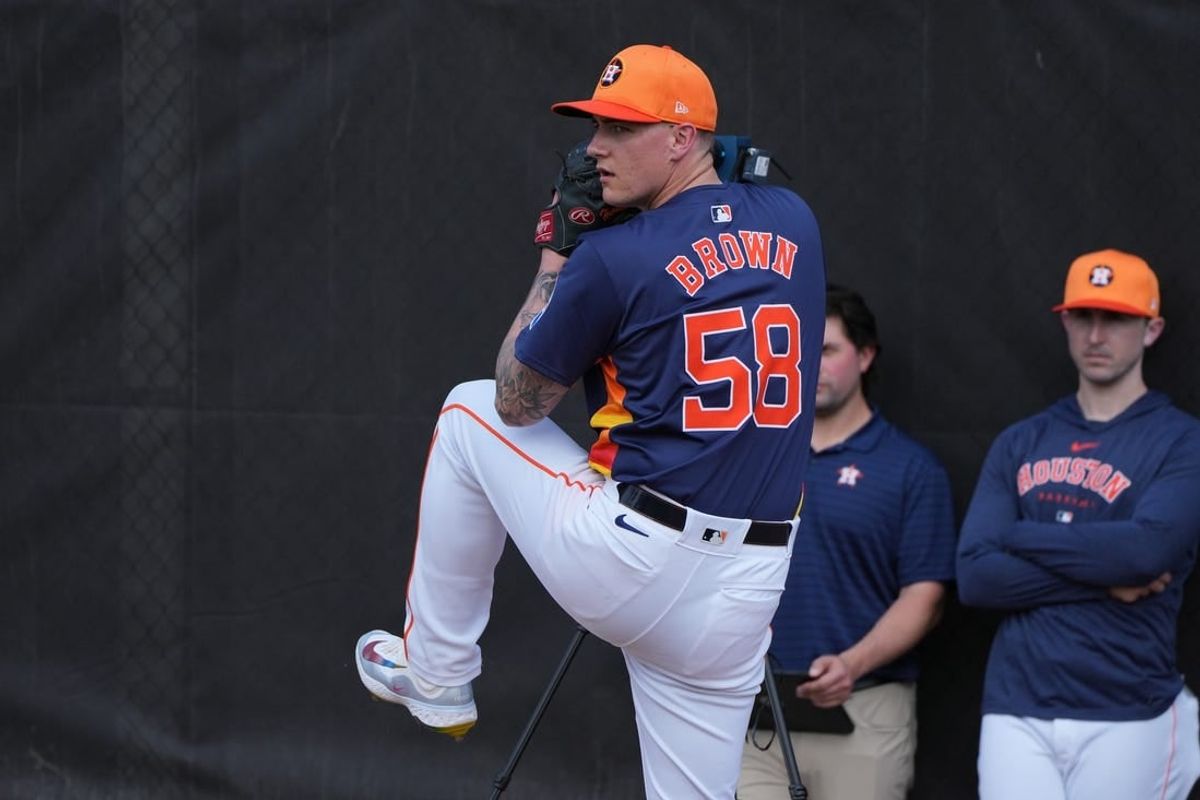 Feb 17, 2024; West Palm Beach, FL, USA; Houston Astros starting pitcher Hunter Brown (58) works in the bullpen during workouts at spring training.