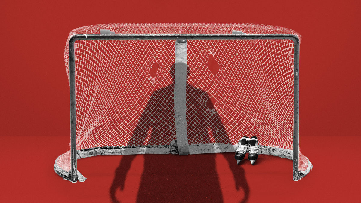 A silhouette of an adult looms over an empty hockey net on a red background, with a pair of children's hockey skates.