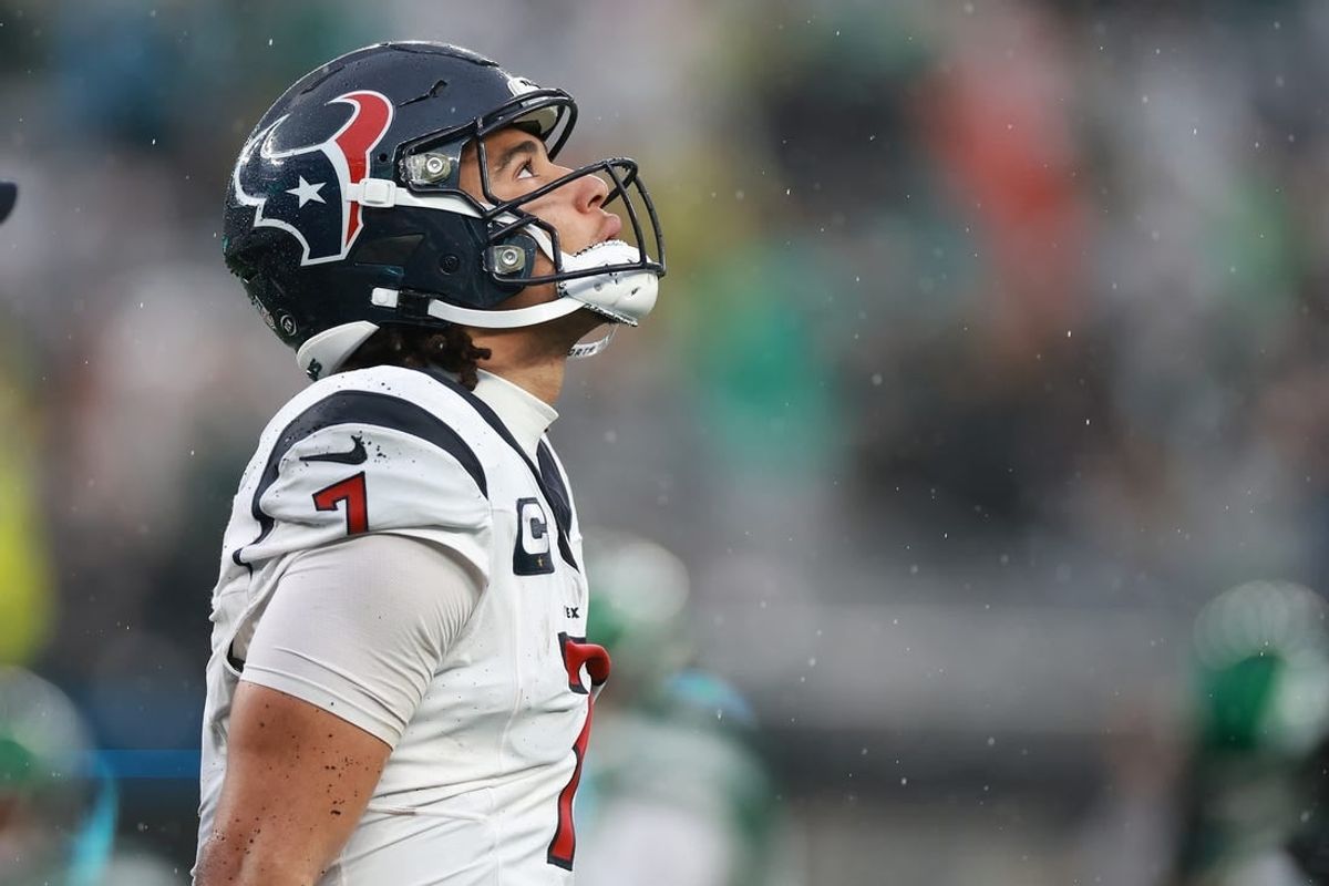 Dec 10, 2023; East Rutherford, New Jersey, USA; Houston Texans quarterback C.J. Stroud (7) walks off the field after an apparent injury during the second half against the New York Jets at MetLife Stadium.