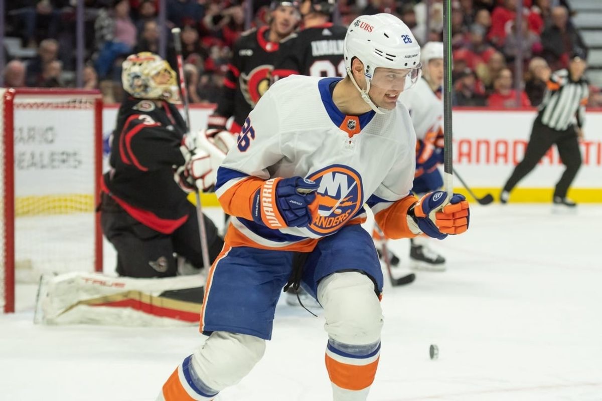 Nov 24, 2023; Ottawa, Ontario, CAN; New York Islanders right wing Oliver Wahlstrom (26) celebrates his goal scored in the second period against the Ottawa Senators at the Canadian Tire Centre.