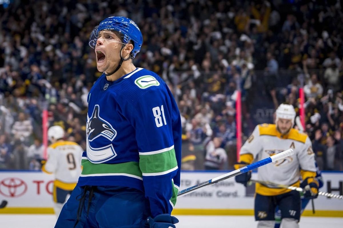 Apr 21, 2024; Vancouver, British Columbia, CAN; Vancouver Canucks forward Dakota Joshua (81) celebrates scoring the game winning goal against the Nashville Predators in the third period in game one of the first round of the 2024 Stanley Cup Playoffs at Rogers Arena.