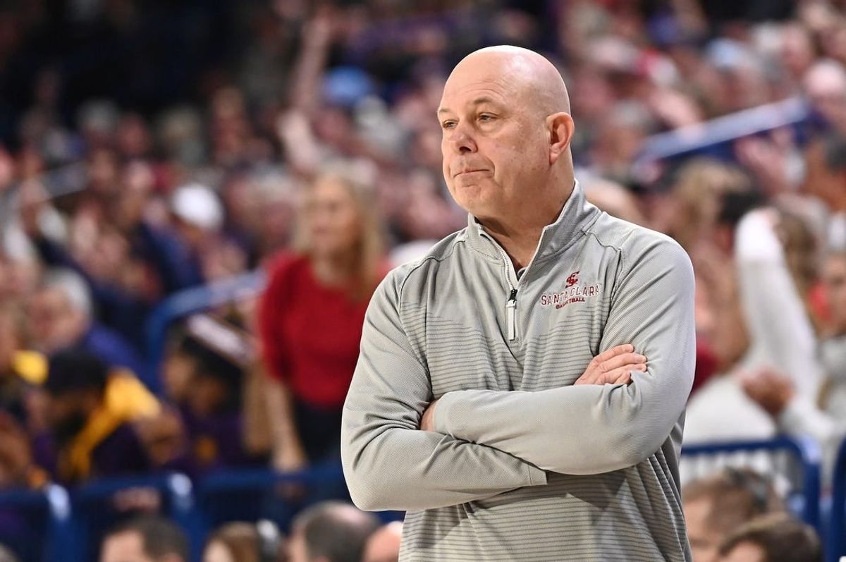 Feb 2, 2023; Spokane, Washington, USA; Santa Clara Broncos head coach Herb Sendek looks on against the Gonzaga Bulldogs in the first half at McCarthey Athletic Center.
