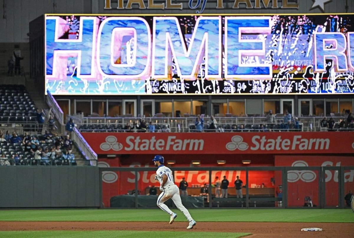 Apr 4, 2024; Kansas City, Missouri, USA;  Kansas City Royals left fielder MJ Melendez (1) rounds the bases after hitting a two-run home run in the seventh inning against the Chicago White Sox at Kauffman Stadium.