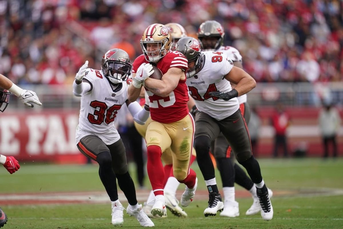 49ers running back Christian McCaffrey (23) scored three times in San Francisco's 35-7 win over the Buccaneers last December.