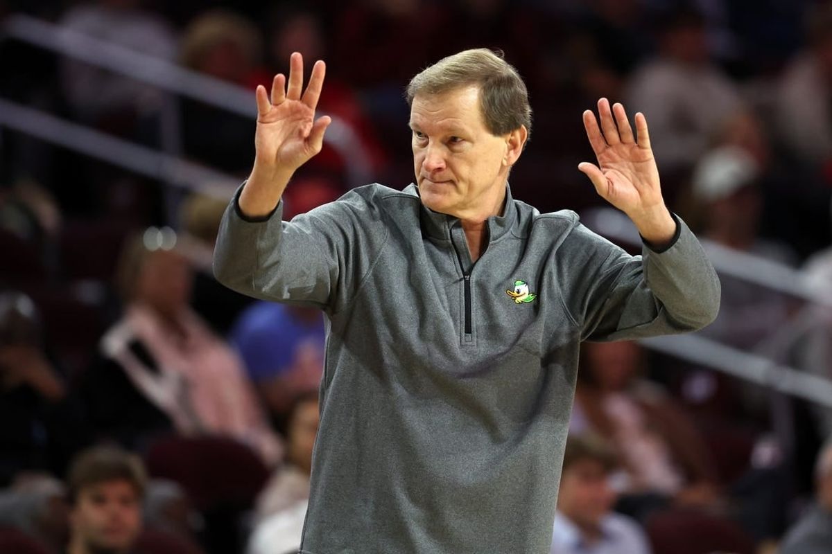 Feb 1, 2024; Los Angeles, California, USA; Oregon Ducks head coach Dana Altman reacts a play during the first half against the USC Trojans at Galen Center.