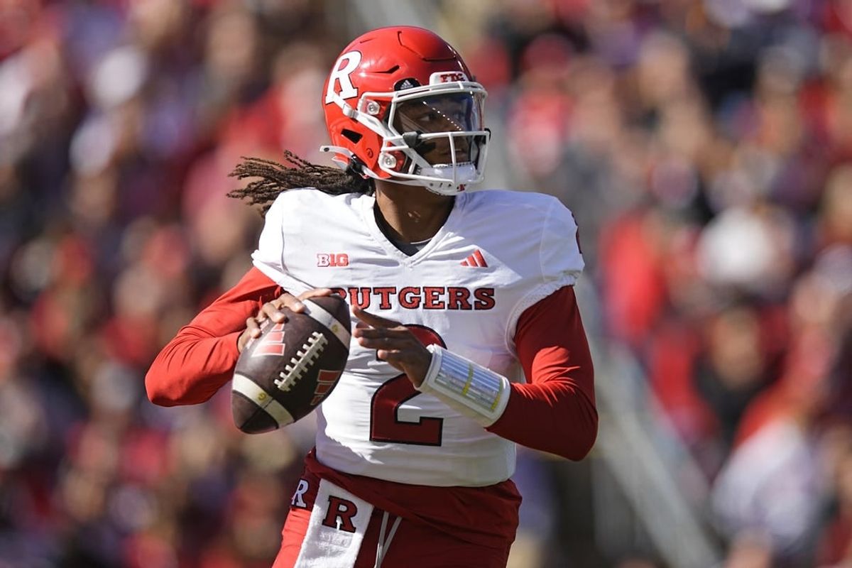 Oct 7, 2023; Madison, Wisconsin, USA;  Rutgers Scarlet Knights quarterback Gavin Wimsatt (2) looks to throw a pass during the second quarter against the Wisconsin Badgers at Camp Randall Stadium.