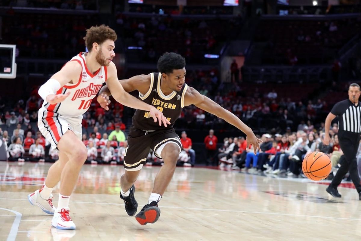 Nov 19, 2023; Columbus, Ohio, USA;  Western Michigan Broncos guard Jefferson De La Cruz Monegro (2) loses his dribble as Ohio State Buckeyes forward Jamison Battle (10) defends on the play during the first half at Value City Arena.