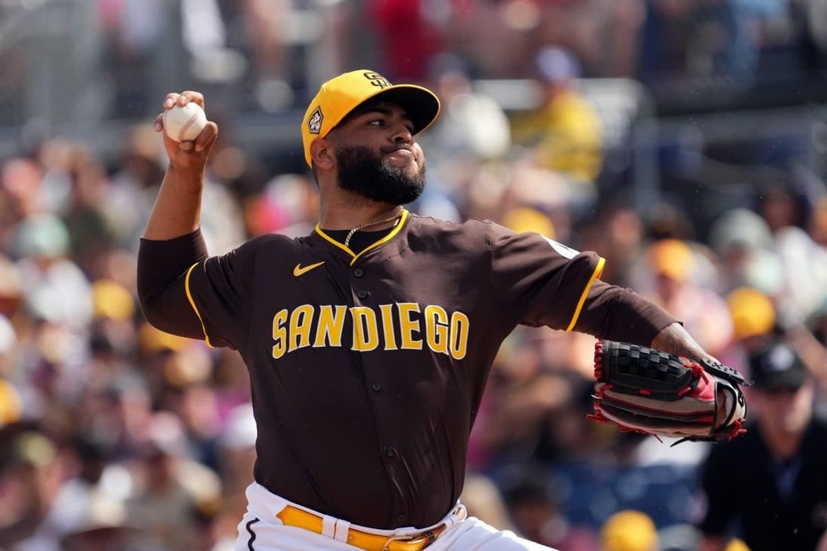 Feb 24, 2024; Peoria, Arizona, USA; San Diego Padres pitcher Pedro Avila pitches against the Milwaukee Brewers during the first inning of a Spring Training game at Peoria Sports Complex.