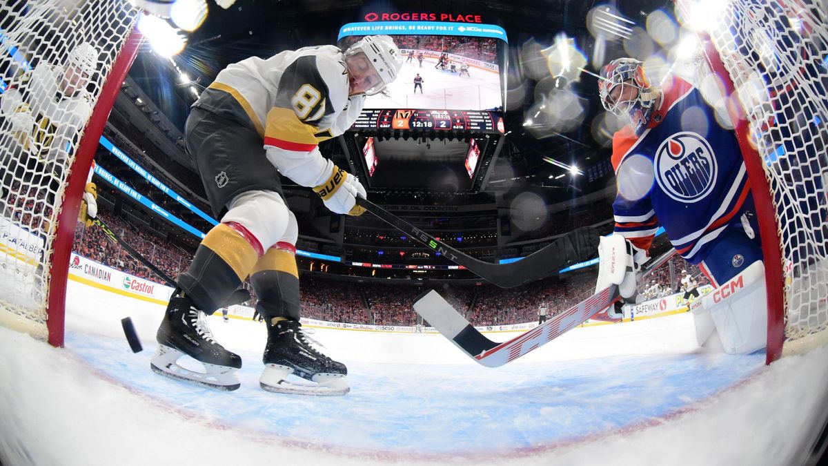 Jonathan March essault (left) scores his second goal of the second period against the Edmonton Oilers in Game 6  of the s econd r ound of the 2023 Stanley Cup Playoffs.