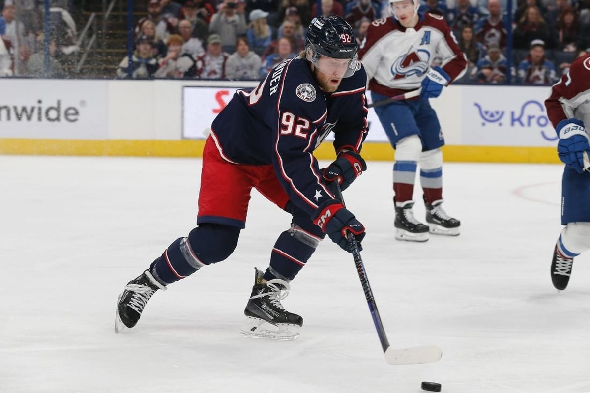 Apr 1, 2024; Columbus, Ohio, USA; Columbus Blue Jackets left wing Alexander Nylander (92) carries the puck against the Colorado Avalanche during the first period at Nationwide Arena.